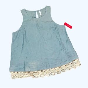 NWT Xhiliration Blue Cotton Crochet Fringe Tank Top Blouse Women’s XL Sleeveless
